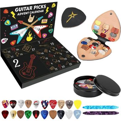 Gitarrenplektrum Adventskalender 2025, mit 20 bunten Gitarrenplektren, 2 speziellen Oud-Plektren, Leder-Plektrumhalter, Metalldose, Rockfans, Musiksammler