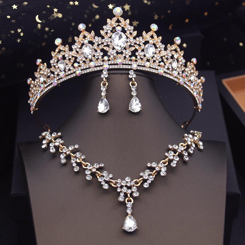 Princess Crown Bridal Jewelry Sets for Girls Blue Tiaras Choker Necklace Sets Bride Wedding Dress Prom Jewelry Accessories