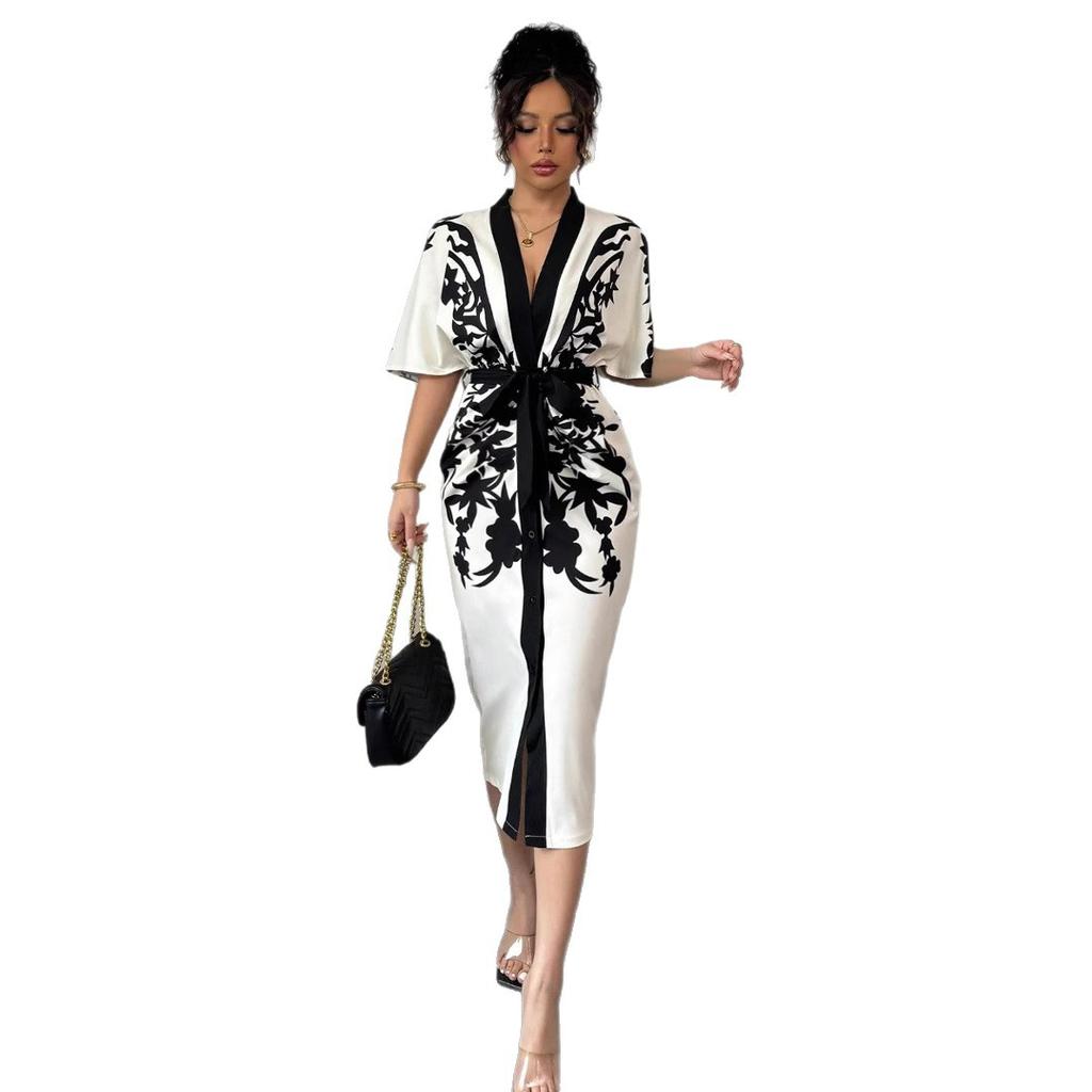 Women Elegant Floral Print Kimono Robe Midi Dress with Waist Tie