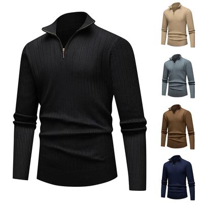 Men's Solid Color Knitted Zipper Stand Collar Long Sleeve Top Men's Casual Fashion Long Sleeve Top