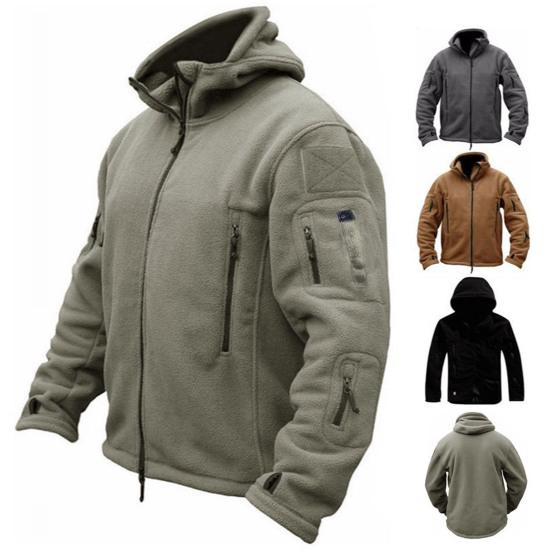 Herren Fleecejacke mit Kapuze, Thermo-Windjacke, durchgehender Reißverschluss, Plüschmäntel für Herbst und Winter mit Taschen für Safari, Wandern, Arbeitskleidung
