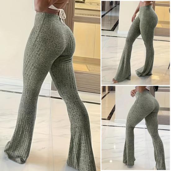 Yoga Pants Women Wide Leg Casual Trousers Elastic High Waist Hip-Hugging Style Solid Color Ribbed Fitness Pants