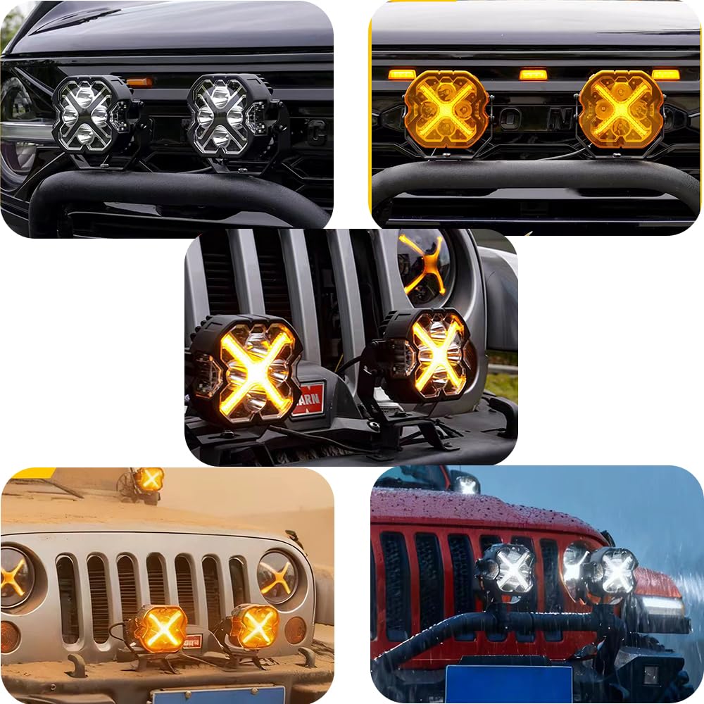 Motorcycle Fog White with 2 Yellow 2 Black Auxiliary Ditch for Campervan Light Lights, LED, Aftermarket, 5.5-inch, 120W, 6000K, White/Yellow X-shaped