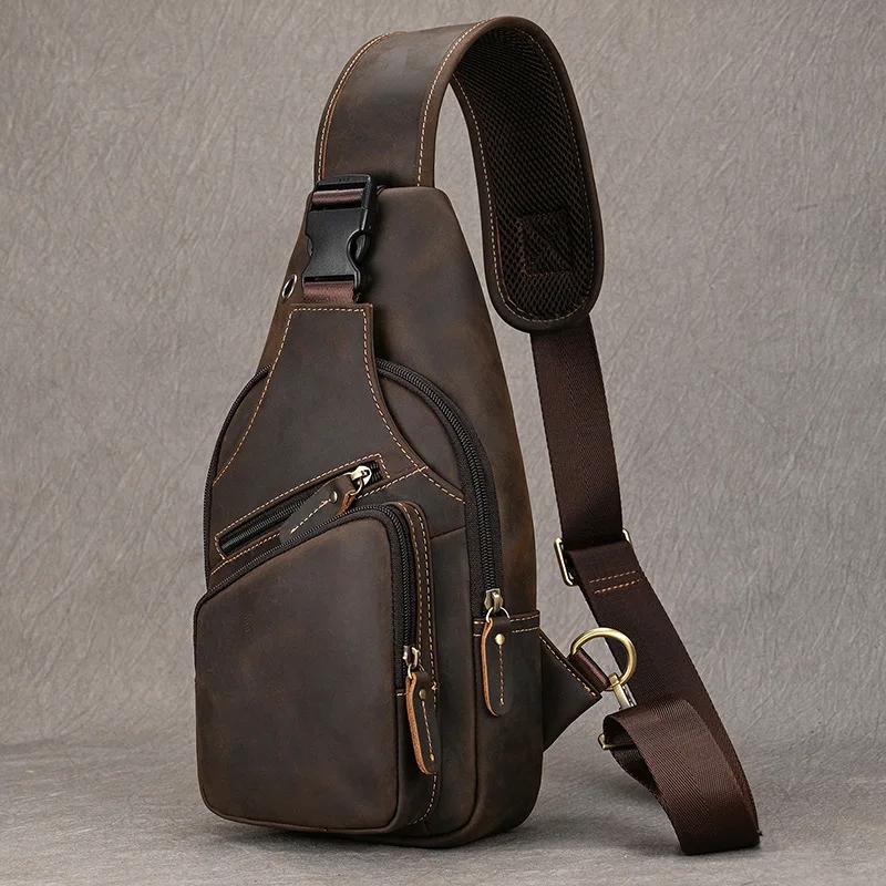 Neue Mode Herren Brusttasche Einzelne Schulter Rucksack Tasche Crossbody Brusttasche Vintage Stil Männliche Reise Taschen Echtes Leder Heiß