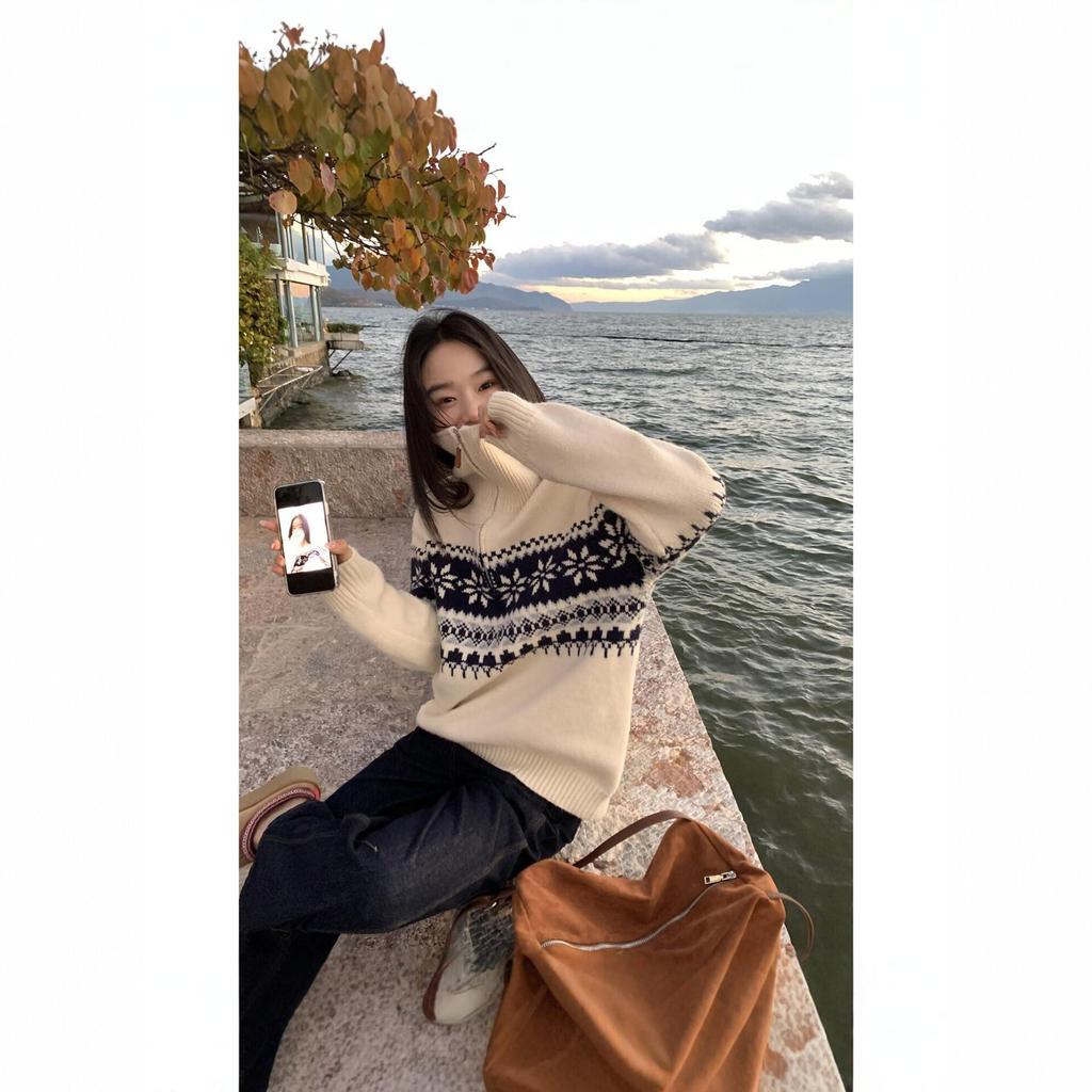Women's Retro Fair Isle High-Neck Half-Zip Sweater Pullover | 2026 Autumn/Winter Collection | Trendy, Loose Jacquard Knit Top