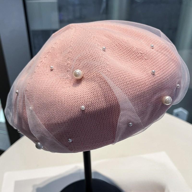 Lady Ballet Beret Hat With Pearl Mesh Embellishment For Casual Summer And Spring Wear