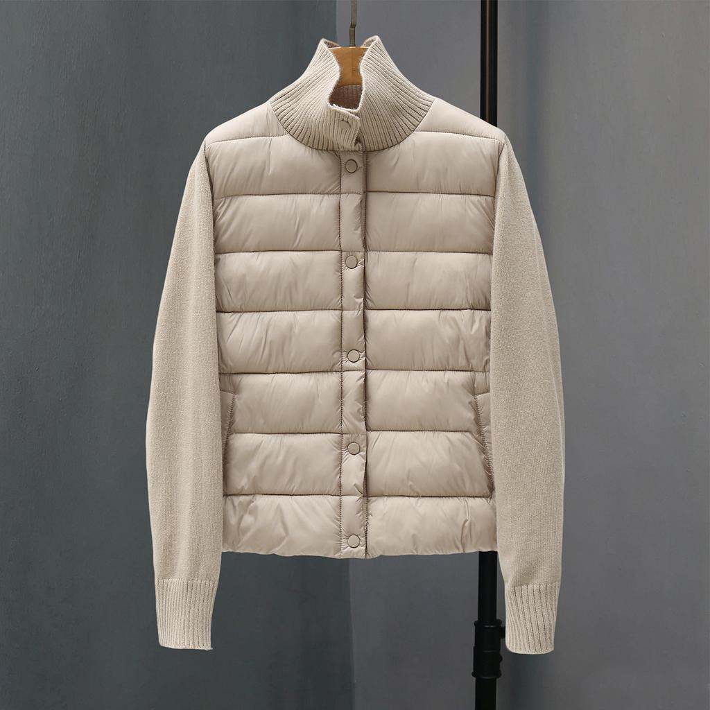 Stand-up collar knitted casual jacket winter new cotton light and thin splicing lapel warm cardigan cotton jacket top