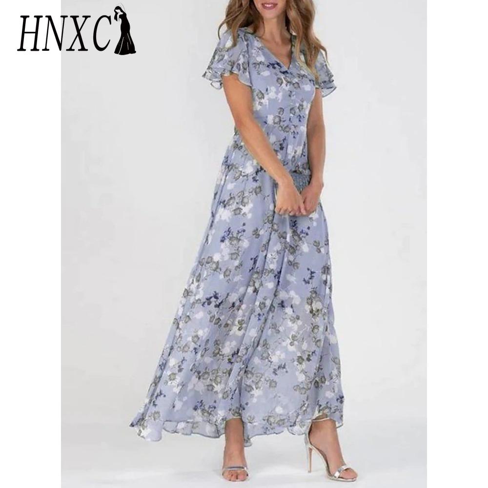 HNXC 6 Color V-neck Ruffle Maxi Dress Short Sleeves Fitted Waist High Waist Flowy Hem Cute Floral Chiffon Dress Women Clothing