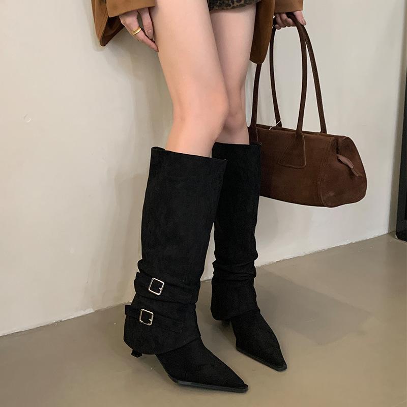 Mi Ting 2025 new two-wear pointed-toed thin-heeled high boots women's suede folds piled up boots but knee belt buckle