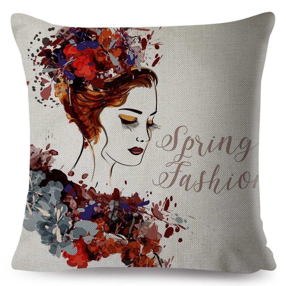 Fashion Woman Art Pillowcase Double Print Boho Lady Cushion Cover Soft Plush Portrait Pillowcase Home Decor