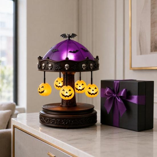 xiaobudian Ghost Carousel Light, Halloween Night Gothic Stained Glass Shade with Floating Ghosts/Pumpkins, Spooky Table Lamp for Bedroom Home