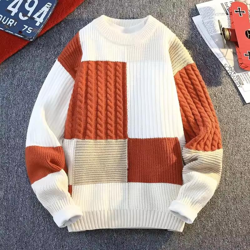 Herbst Winter Herren Rundhals Strickpullover Mode Karomuster Gestrickte Pullover Herren Lässig Locker Warm Patchwork Pullover