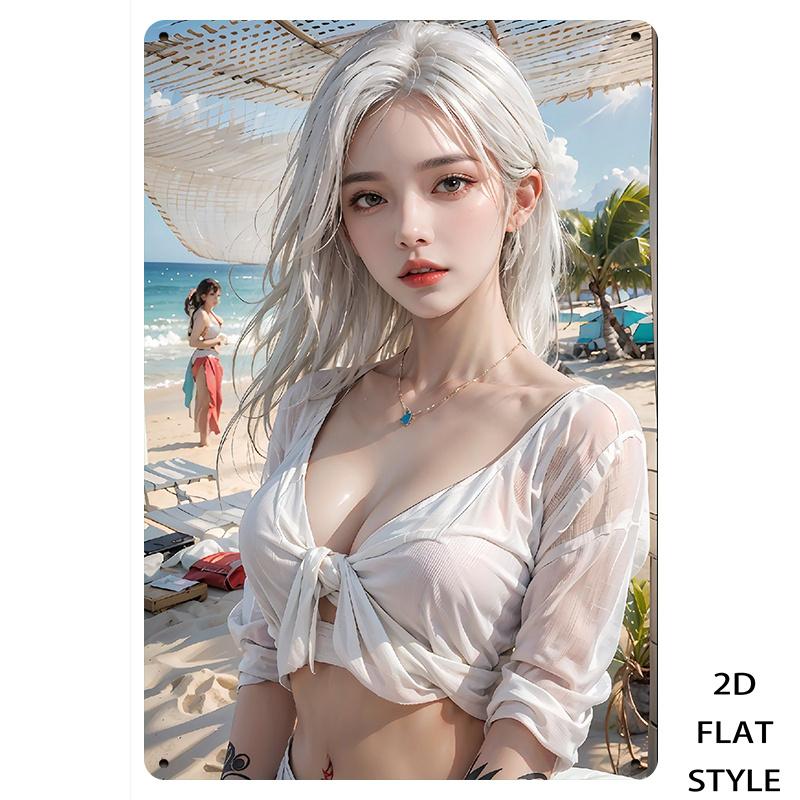 

D Flat Retro Iron Sign Wall Art x in Silver Haired Girl Beach Portrait Metal Decor for Home Room 20x30cm