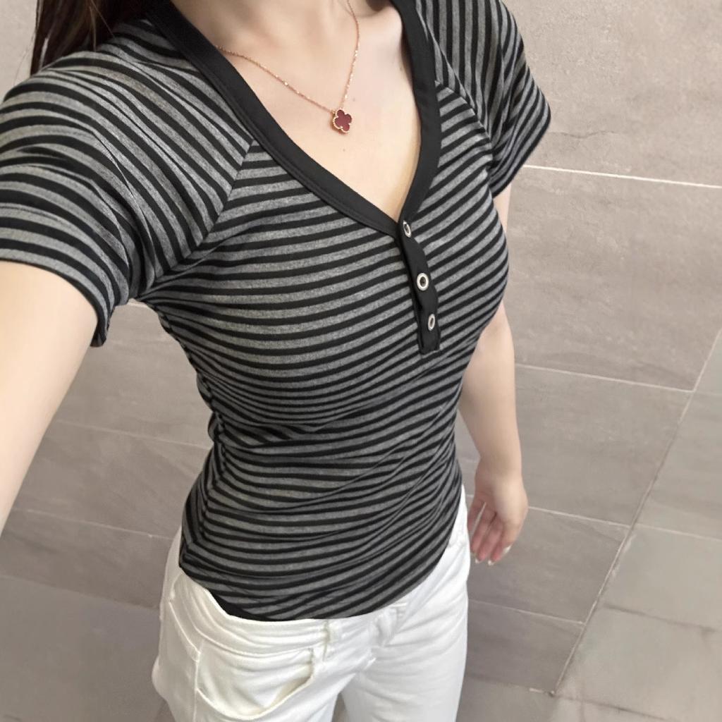 Korean-style Striped V-neck, Shoulder-length Short-sleeved T-shirt for Women, Summer Slimming and Waist-cinching Short Hot Girl Top