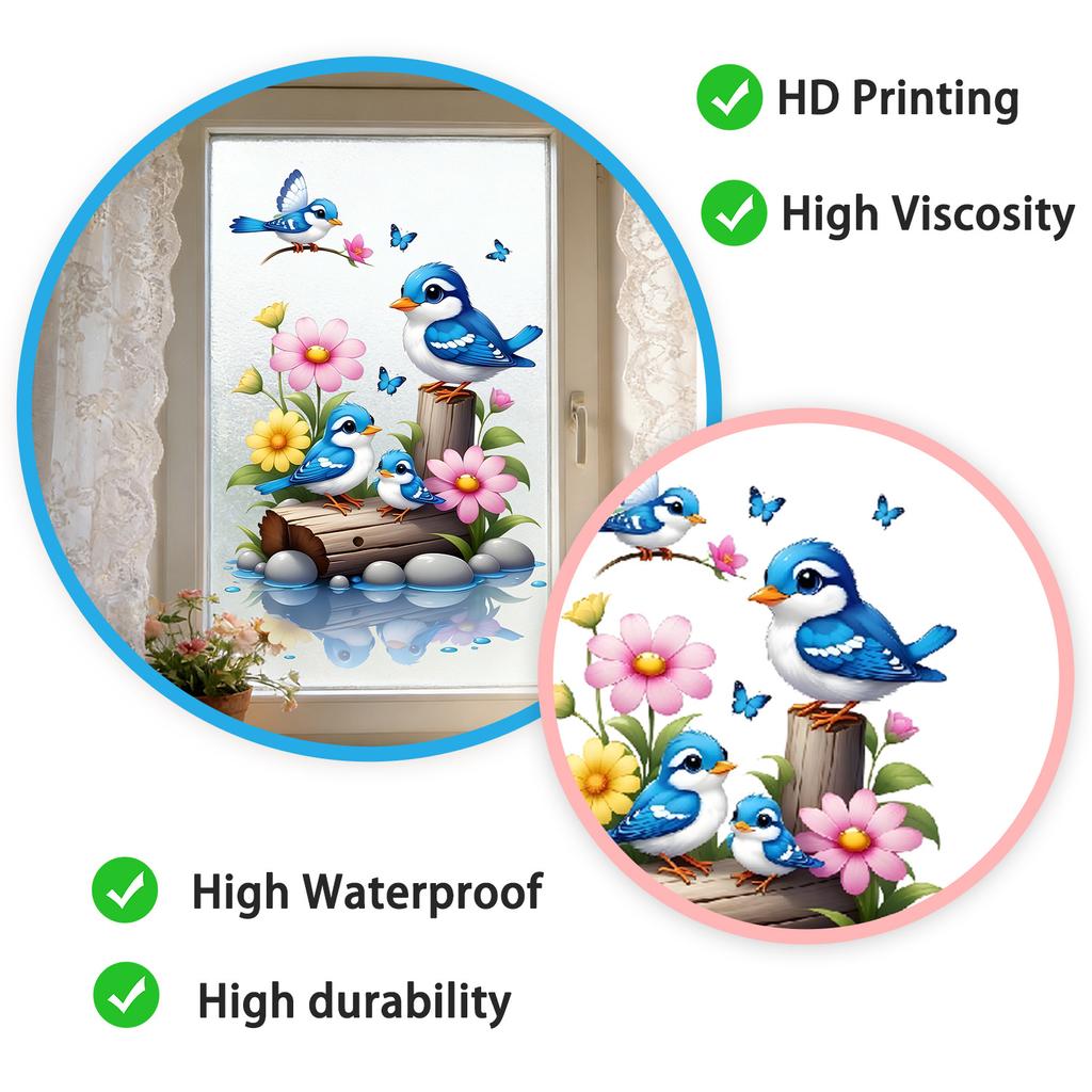 Watercolor Bluebird Flower Static Cling Window Sticker No Residue for Living Room French Window Decor