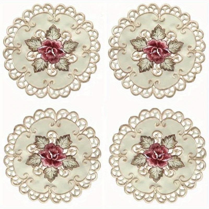 1 st Rund Broderad Blomma Matskedunderlägg Underlägg Hemfest Bröllop Överdrag Broderad duk i lantlig stil