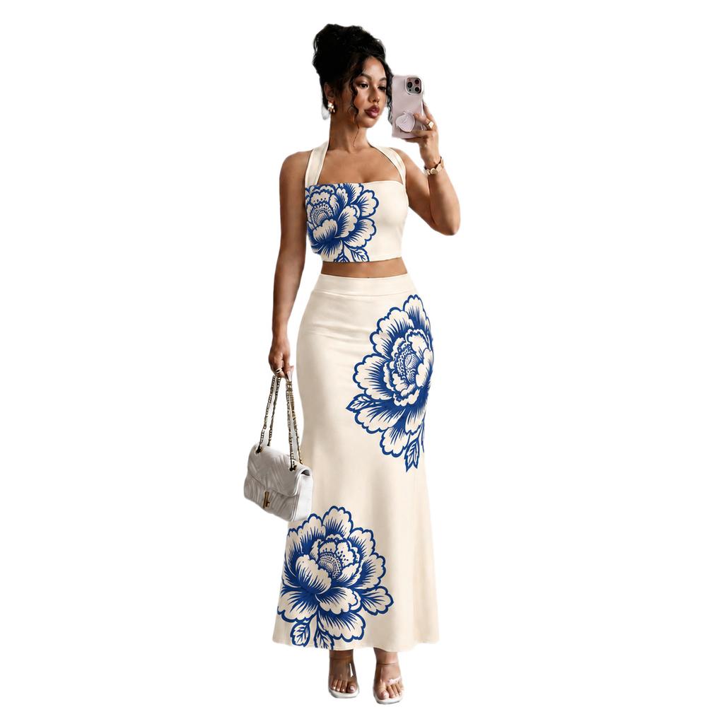 New European and American style printing tube top two-piece set women's summer high waist long dress fashion temperament set