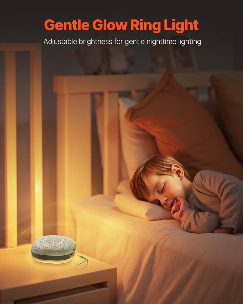 Sound Machine, 21 Soothing Sleep Sounds, 3-in-1 Portable and Hangable White Noise Sound Machine with Auto-Off Timer, Soft Ring Light and Memory