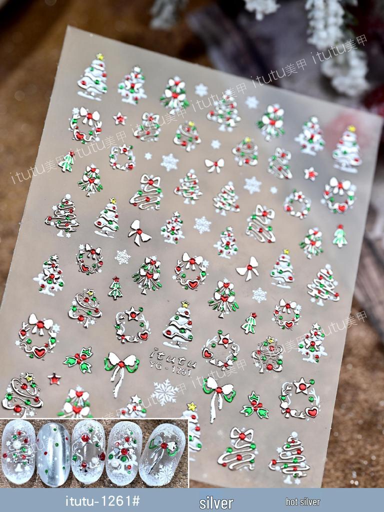 Itutu Christmas Nail Stickers: Colorful Trees, Wreaths, Snowflakes & Bows. Self-Adhesive, Hot Stamping Design for Festive Fingertips.