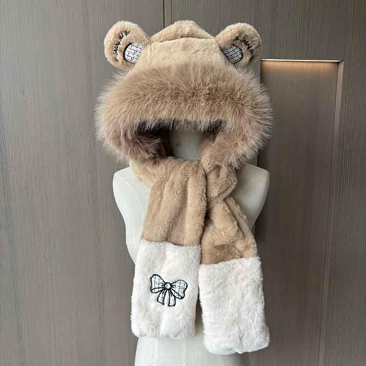 Cute Embroidered Bear Ears Hat Scarf Integrated Women's Winter Plush Thickened Cycling Warm Scarf Ear Protection Hat
