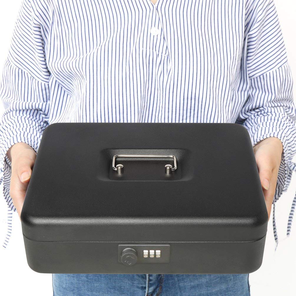 Jssmst Handheld Safe with Dial Operation, Accounting Coin Case with Three Spring Clips, Organizes Banknotes, Metal, 30x24x8.8cm (Black Dial)