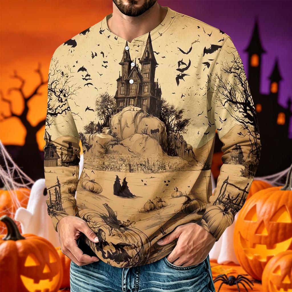 Men's Printed Long Sleeve T-Shirt with Round Neck Casual Top