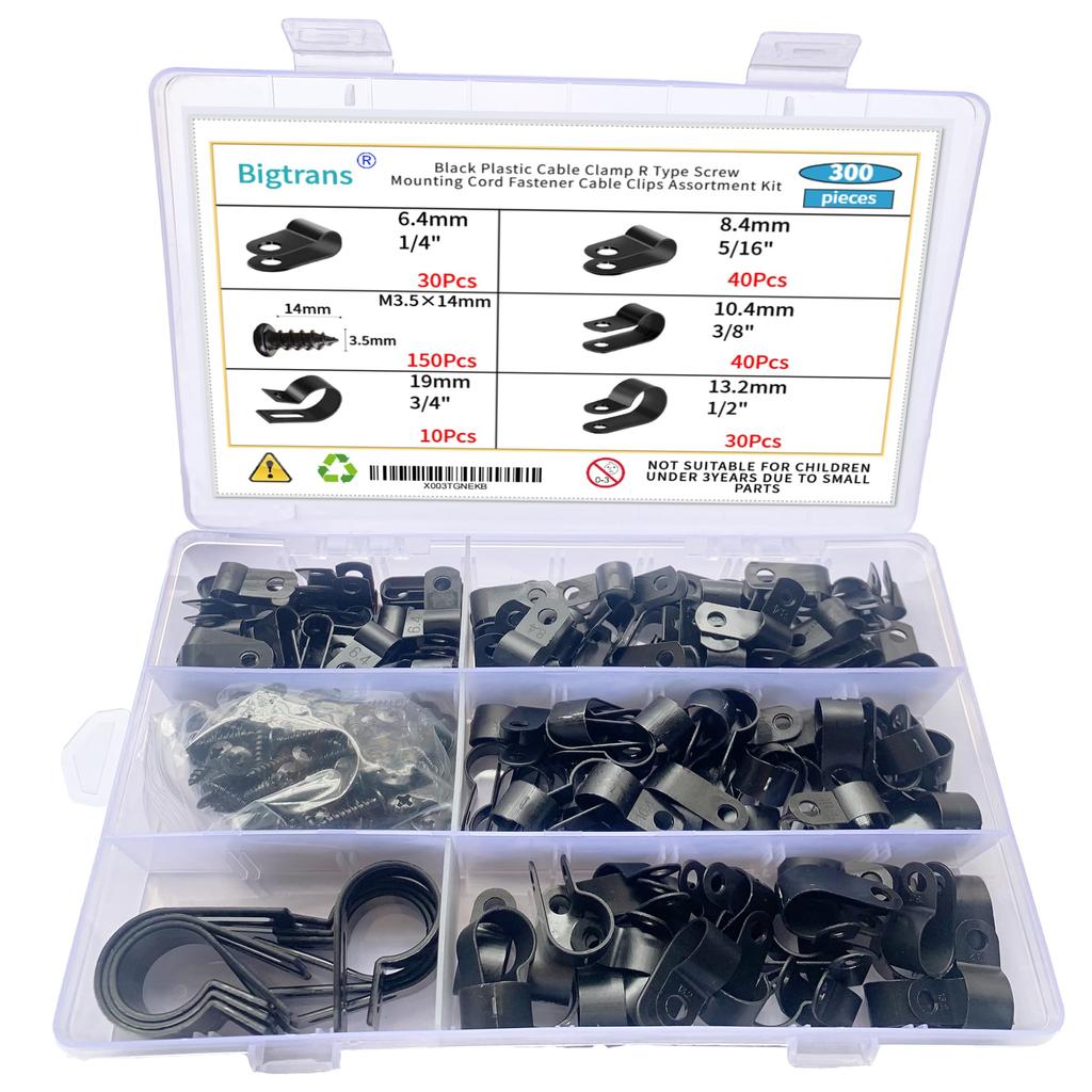 Bigtrans 300 Pcs Nylon Plastic R-Type Wire Clips with Screws 1/4" 5/16" 3/8" 1/2" 3/4" Clamps Fasteners Assortment for Cable