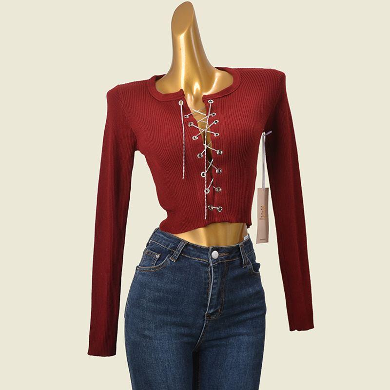 American High Waist Top Drawstring Rhinestone Thread High Elastic Short Slim Long Sleeve Knitwear Export Original Sample Women's Clothes