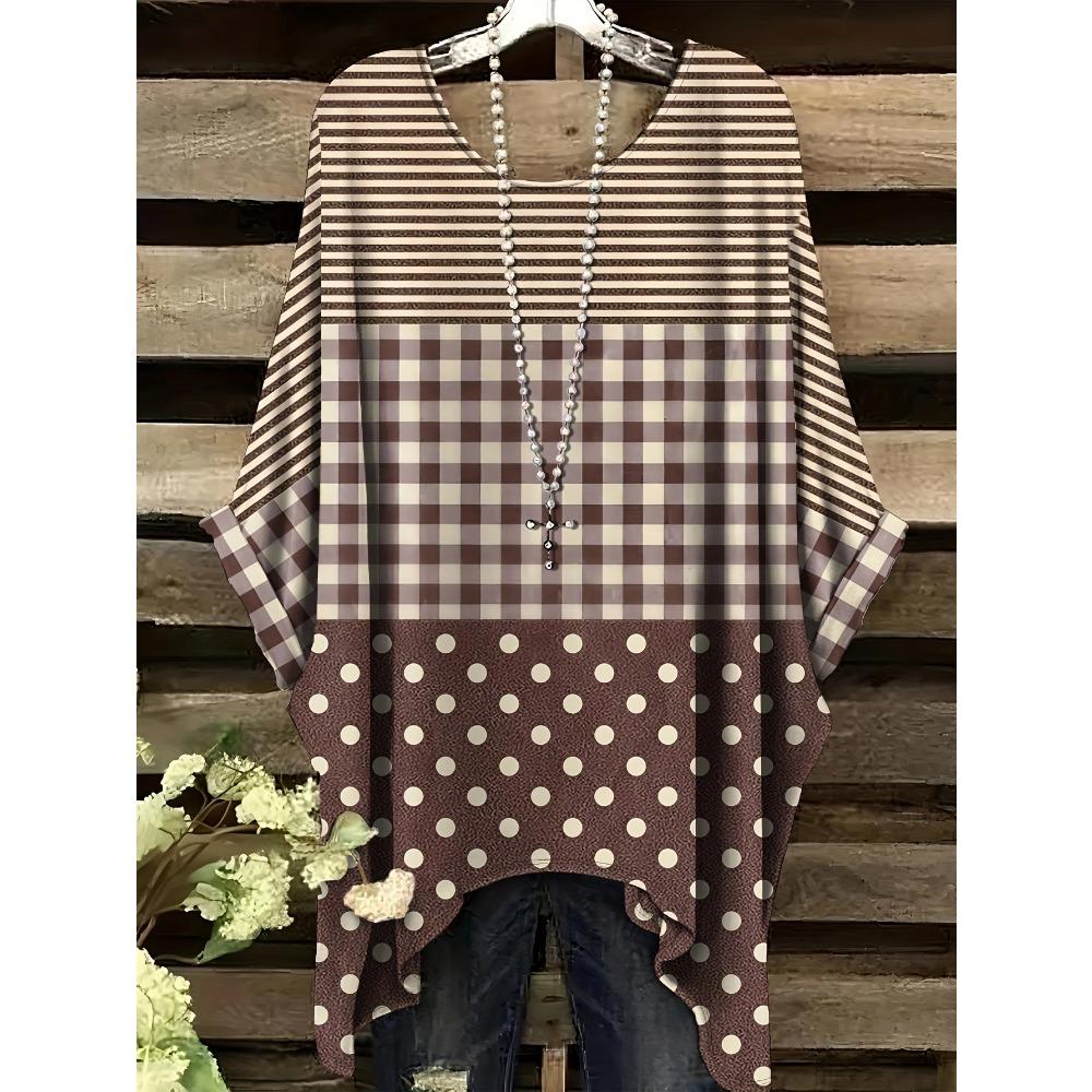 Bohemian Floral Tunic Plus Size Women's Bohemian Floral Print Tunic T-Shirt Short Sleeve Round Neck Casual Top Vibrant 2025
