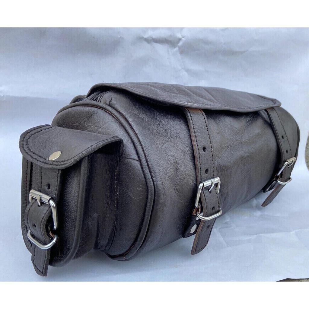 Motorcycle Vintage Black Goat Leather Tool Bag Front Fork Storage Saddle Bagf