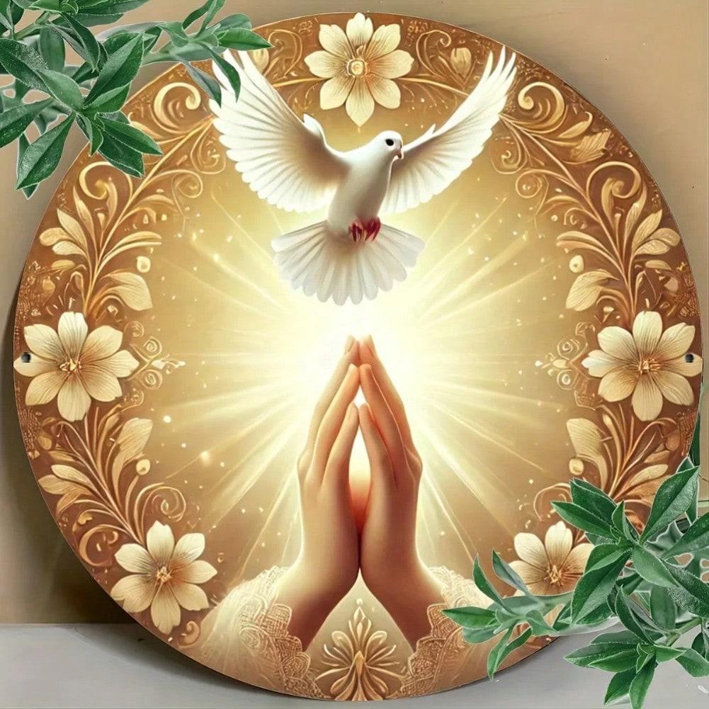 Iron Wall Art Prayer Hand with White Dove and Floral Pattern Faith Home Office Decor Gift 20x20