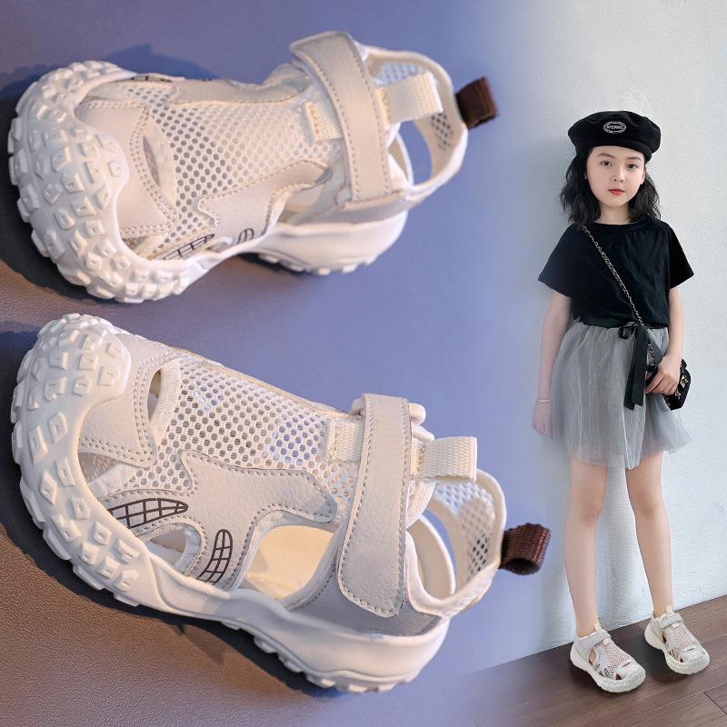 New Summer Kids Mesh Hollow Out Sports Sandals, Single Mesh Solid Color Girls Shoes