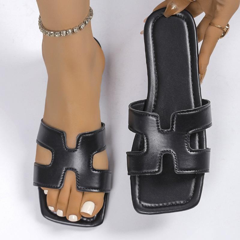 New square-headed open-toed versatile non-slip simple one-word slippers flat-bottomed fashionable beach slippers women