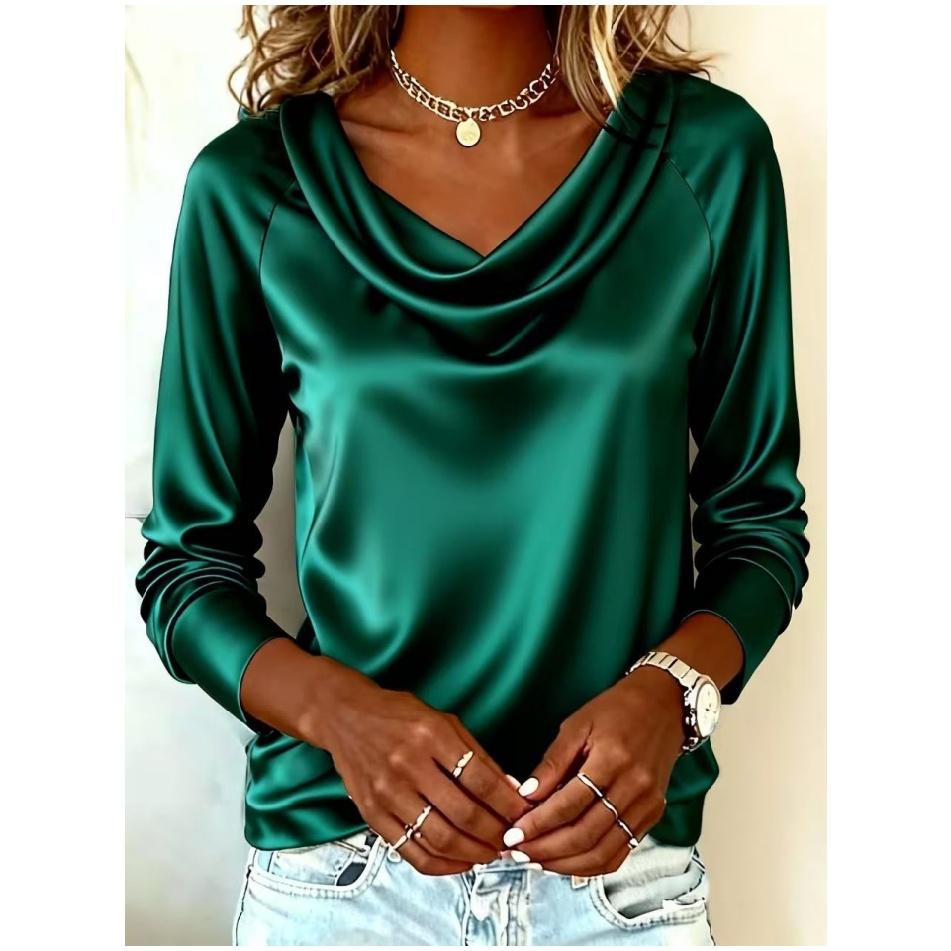 

Spring Autumn Versatile Office Draped Collar Flowy Long-Sleeve Blouse - Stylish Elegant 100% Polyester Shirt XXL
