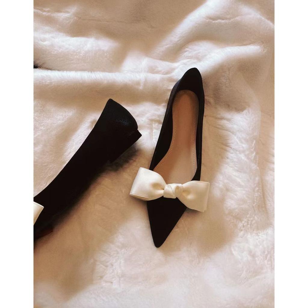 Fashion elegant ladies bowknot silk wedding shoes woman suede leather ballet flats pointy slip on loafers women bow moccasins big size43