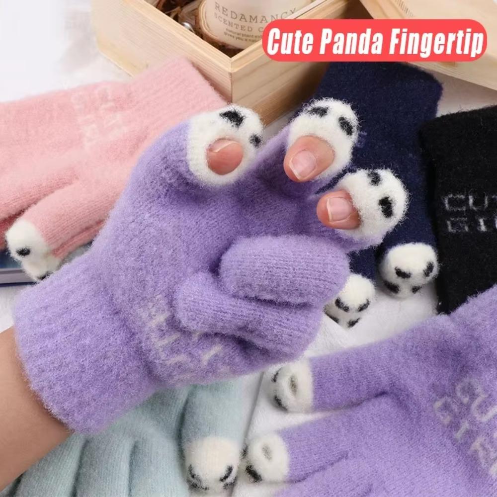 Fluffy Knitted Open Finger Gloves Panda Fingertip Touch Screen Gloves Women Men