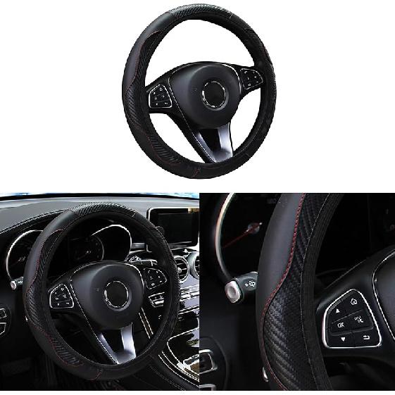 Car Steering Wheel Cover, 15 Inch Carbon Fiber Microfiber PU Leather Elastic Steering Wheel Protector For Men Women, Anti-Slip Breathable Car