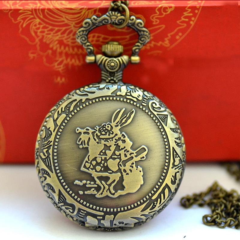 Nostalgic Style Antique Bronze Rabbit Pocket Watch with Fine Chain and Roman Numerals (Large Size, 9014)