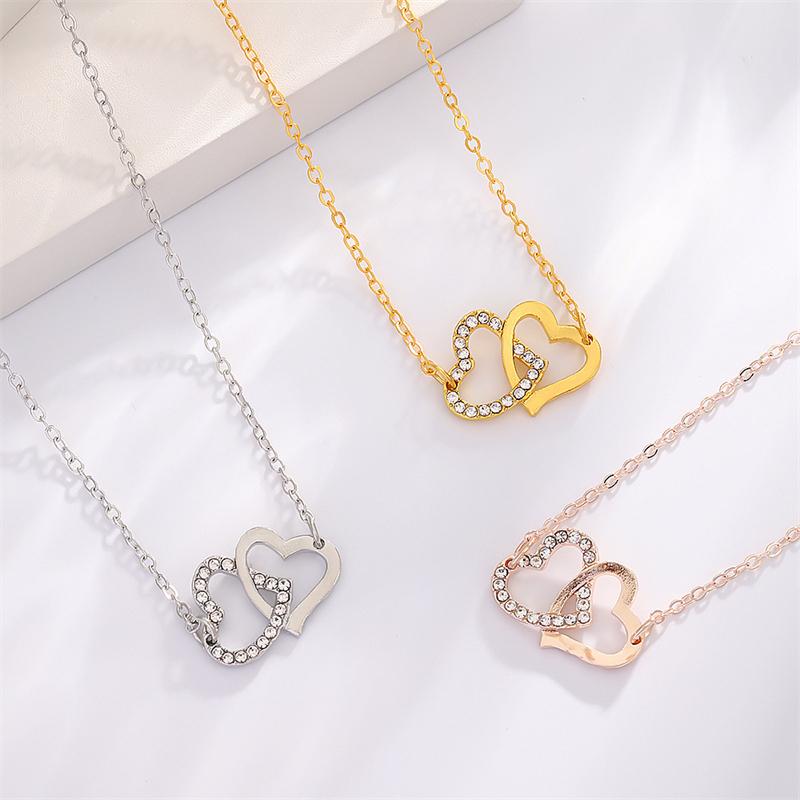 5PCS/Set Double Heart Shaped Jewelry Sets Of Ring Earrings Necklace For Women Rhinestone Wedding Jewelry