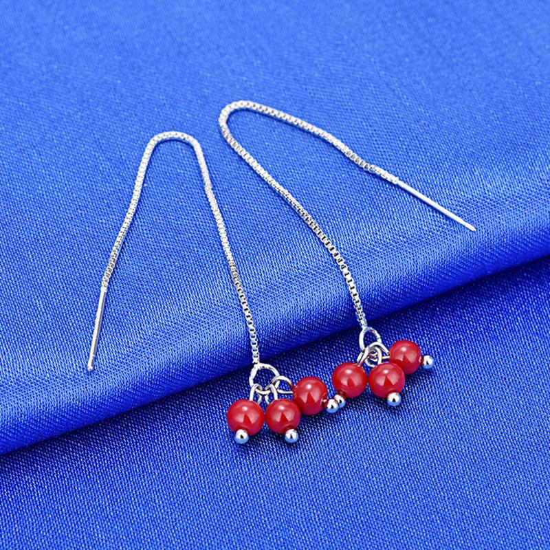 BELLA BOX Sterling Silver Needle Festive Japanese And Korean Earrings With Tassels, Long Cherry Blossom Red Bead Earrings, And Red Bean Ear Threads