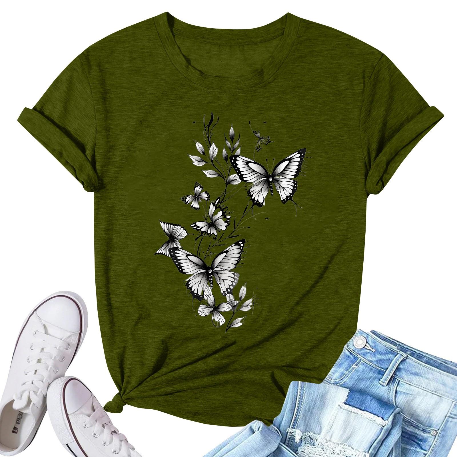 Women s Fashion Printed Casual Pleated Round Short Sleeve T-Shirt Top S