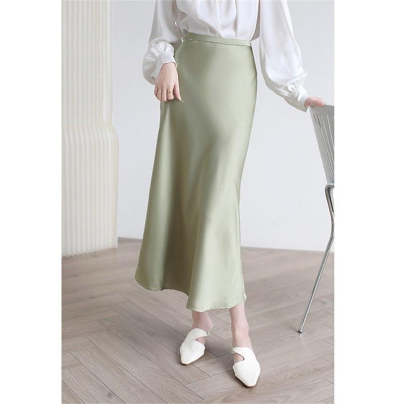 Triacetic Acid Satin French Fishtail Skirt for Women Draped Slim Mid-length High-waisted Skirt Summer Silk Hip Skirt