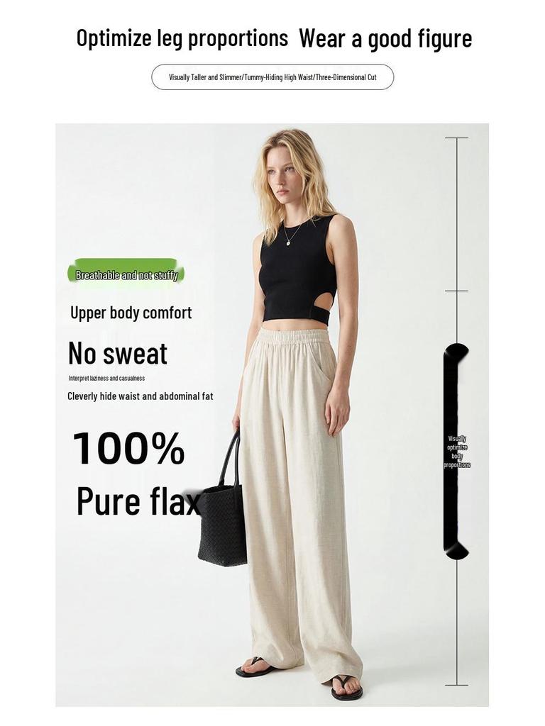 Women's Summer Linen Wide-Leg Pants - Loose, Floor-Length, Casual Fit