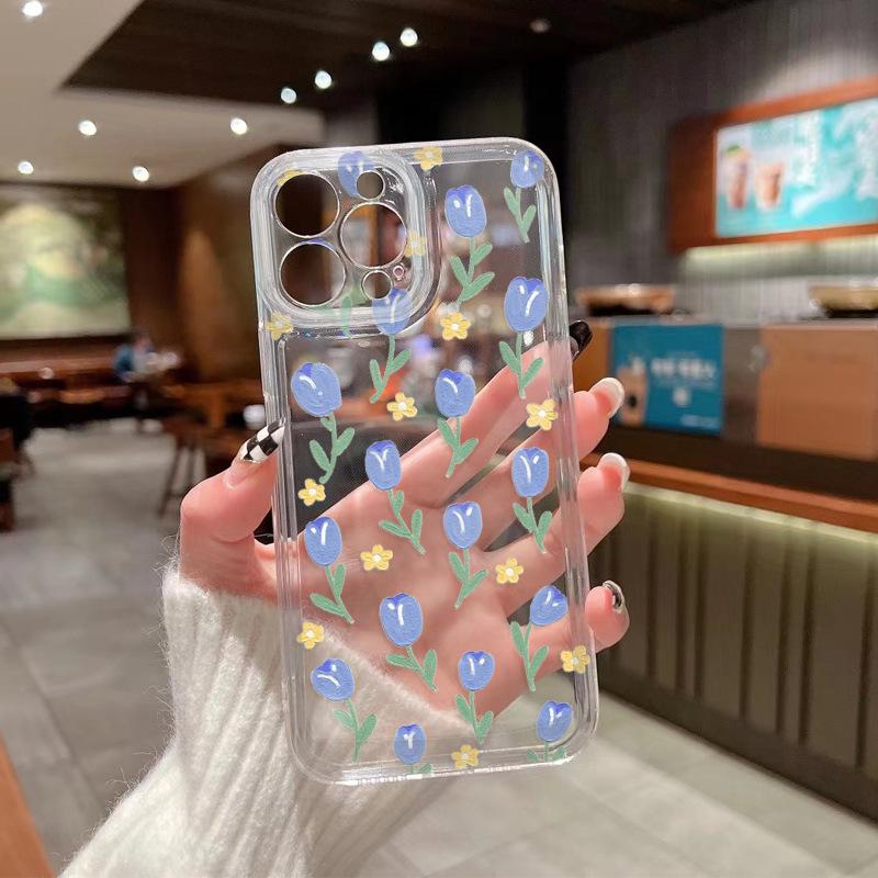 Processing and production of small fresh blue tulip mobile phone case UV painted Apple transparent 13 protective case