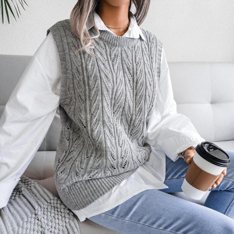 Women Crew Neck Sleeveless Knit Sweater Solid Color Tank Top Cutout Leaf Design Fall Winter Sizes S-L