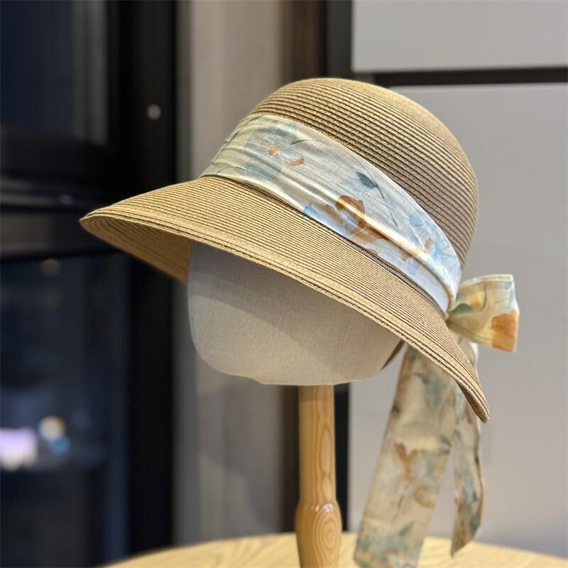 Summer French idyllic bow straw hat women's vacation sunshade sun protection hat seaside outing wide brim fisherman hat