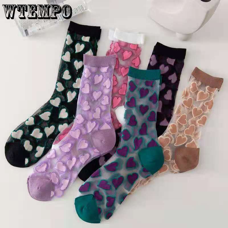 6pcs Crystal Long Socks Women Spring Summer Love Transparent Glass Silk Japanese Cute Thin Mid-Calf Stockings