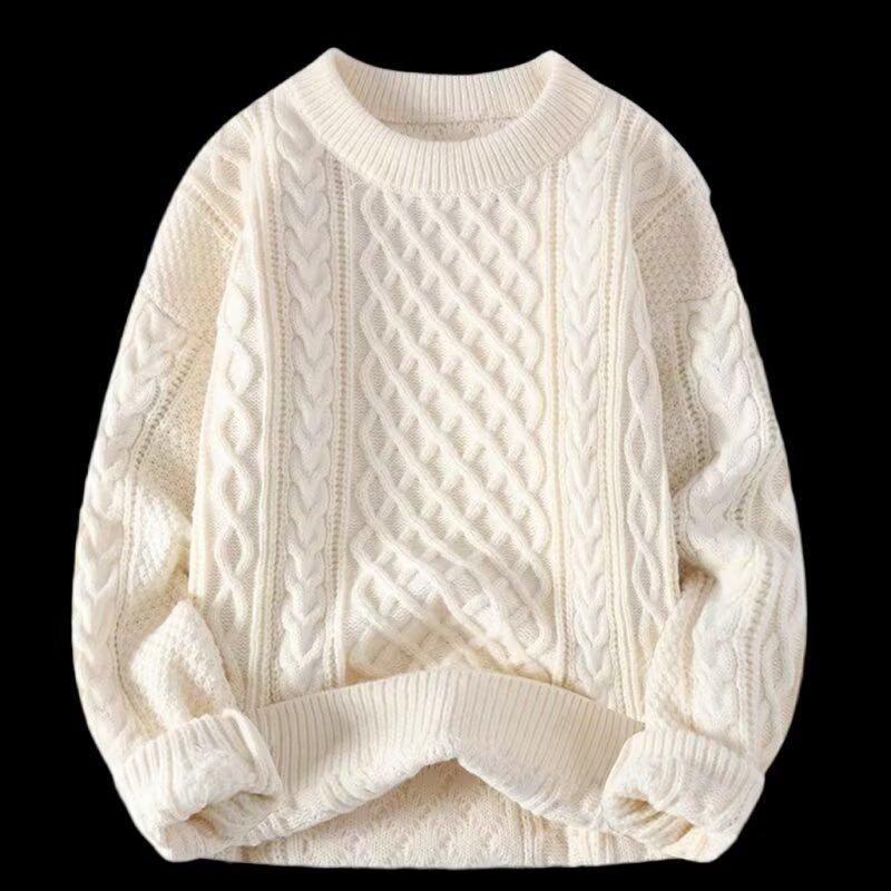 Męski sweter dzianinowy z warkoczem luźny długi rękaw gruby ciepły casualowy pulower
