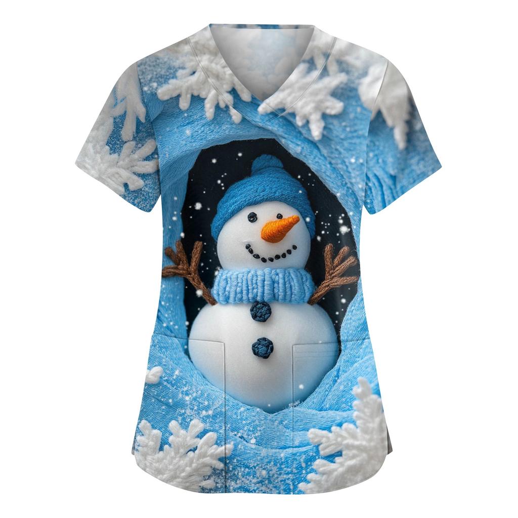 Women's Fashionable V-neck Workwear Christmas Printed Short Sleeved Pocket Side Slit Workwear Basic Pullover Top