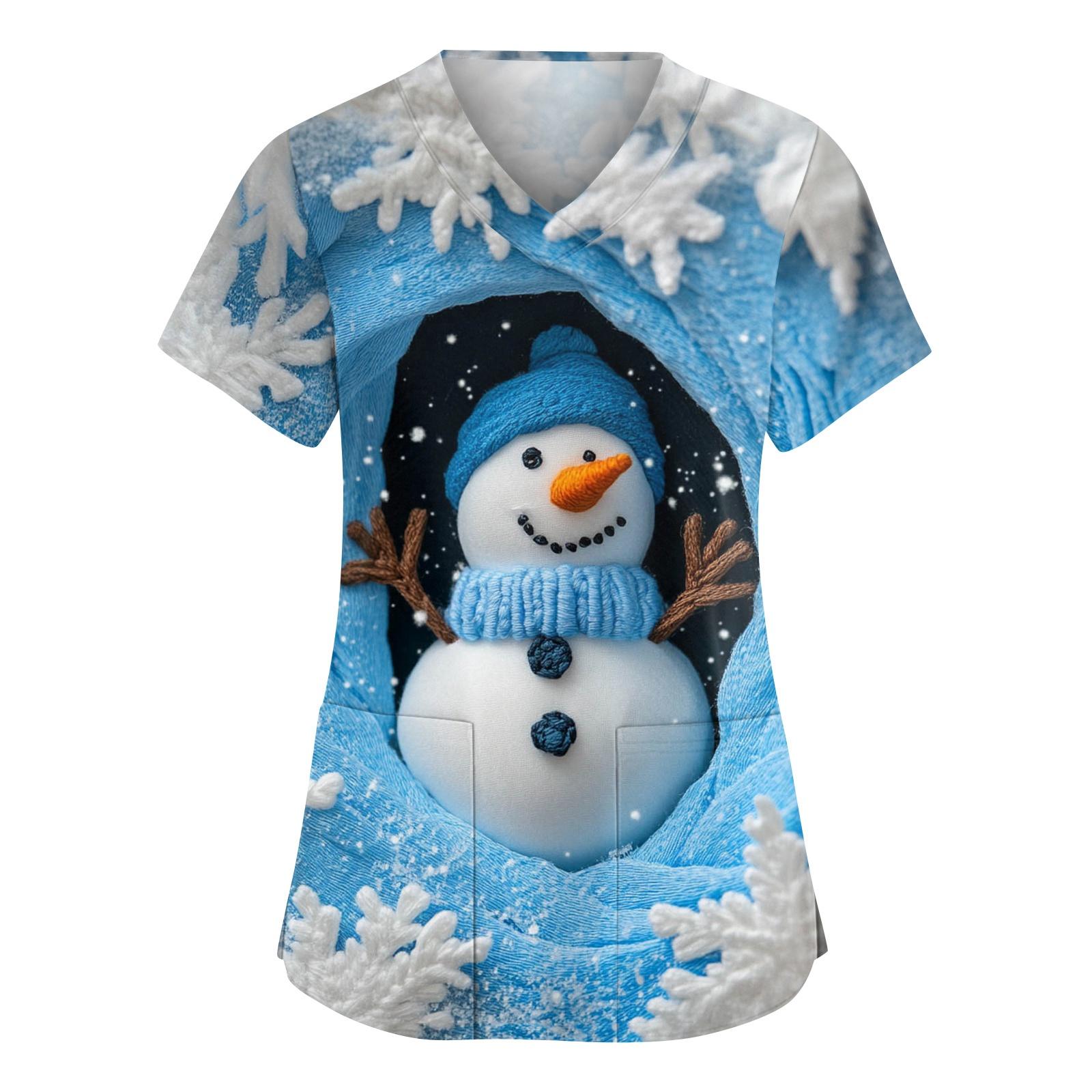 

Женский модный рабочий топ с V-образным вырезом, рождественским принтом, короткими рукавами, карманом, боковым разрезом, базовый пуловер XL синий